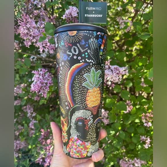 Starbucks x FARM Rio NWT Travel Tumbler Black Rainbow Brazil 24 Ounces - Picture 3 of 5